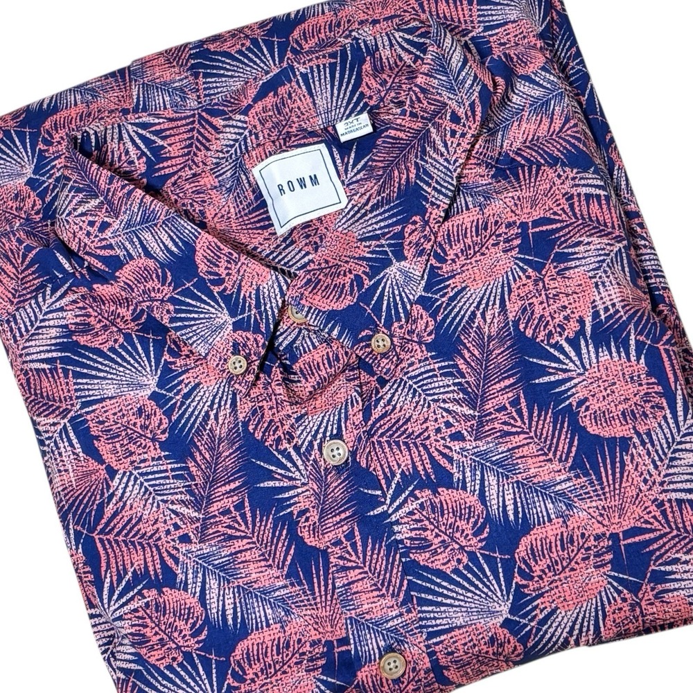 ROWM Long Sleeve Button Up Shirt Cotton Blue Pink Palm Leaf AOP Men's 3XT Hawaii